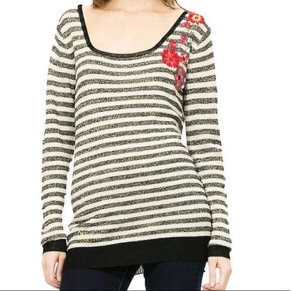 Desigual Metallic Striped Embroidered Flower Top - Picture 1 of 12